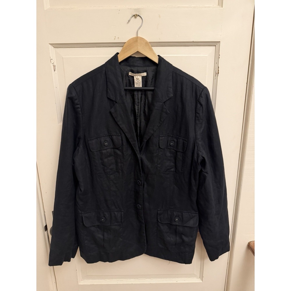 Merona Women's Black Linen Utility Jacket Long Coat Pockets Lined‎ Y2K Size XL